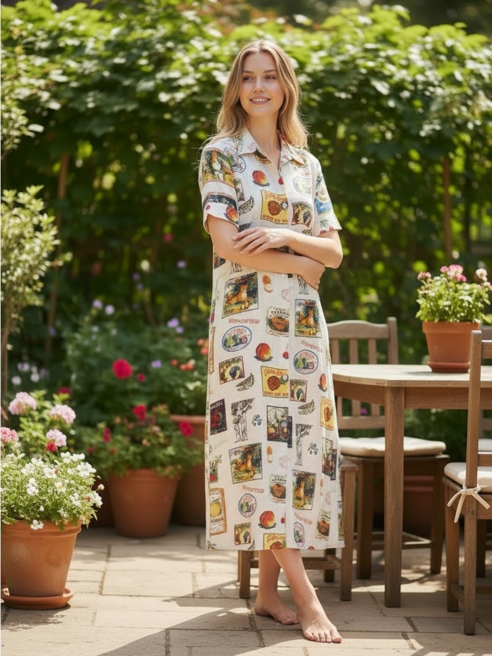 JANE AND DELANCEY FRUIT CRATE LABEL PRINT SHIRT DRESS. Women’s Size Small